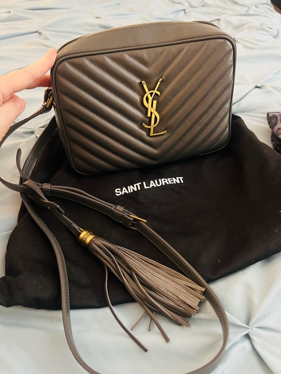 Yves Saint Laurent Handbags - Yves Saint Laurent Taupe Chevron Leather Camera Crossbody with Gold Hardware